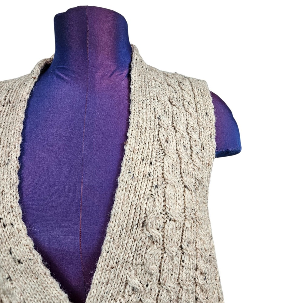 Vintage Carraig Donn Aran Fisherman Flecked Cable Knit Wool Sweater Vest Large - Picture 3 of 9